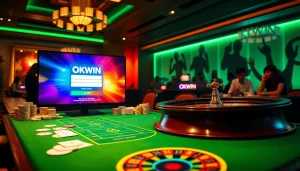 Engaging gamblers with the OKWIN login interface on a luxurious casino table, illustrating excitement and professionalism.