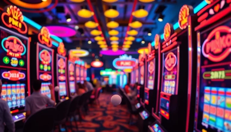 Permainan slot plinko yang menampilkan pemain menjatuhkan bola pada papan permainan yang berkilau.