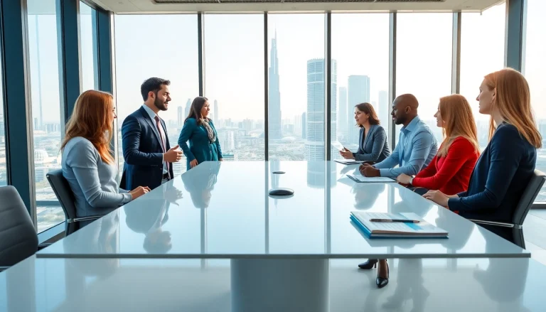 Highlighting Business Consultants in Dubai collaborating with clients in a modern office space.