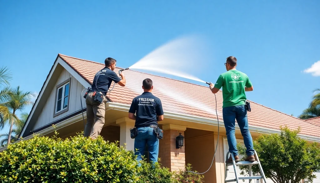 Roof cleaning service in Kissimmee, FL, showcasing professional technicians using eco-friendly techniques.