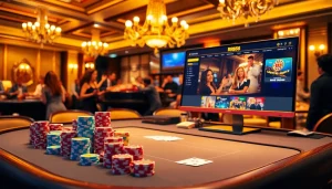 RR88 players intensely engage at a poker table, showcasing enthusiasm in a vibrant casino atmosphere.