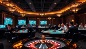 An exciting casino scene showcasing the professional w88 link experience, featuring tables, dealers, and gamblers.