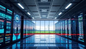 Futuristic cloud mining data center emphasizing AI technologies and renewable energy for cloud mining bitcoin.