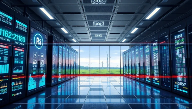 Futuristic cloud mining data center emphasizing AI technologies and renewable energy for cloud mining bitcoin.