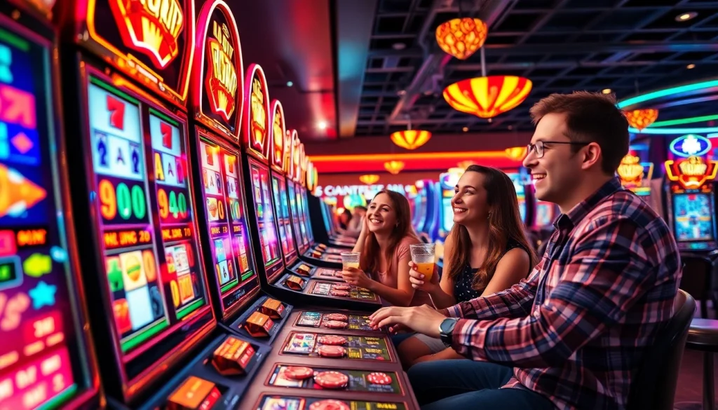 Menikmati slot pulsa 5000 dengan pemain bahagia dan suasana kasino yang meriah.