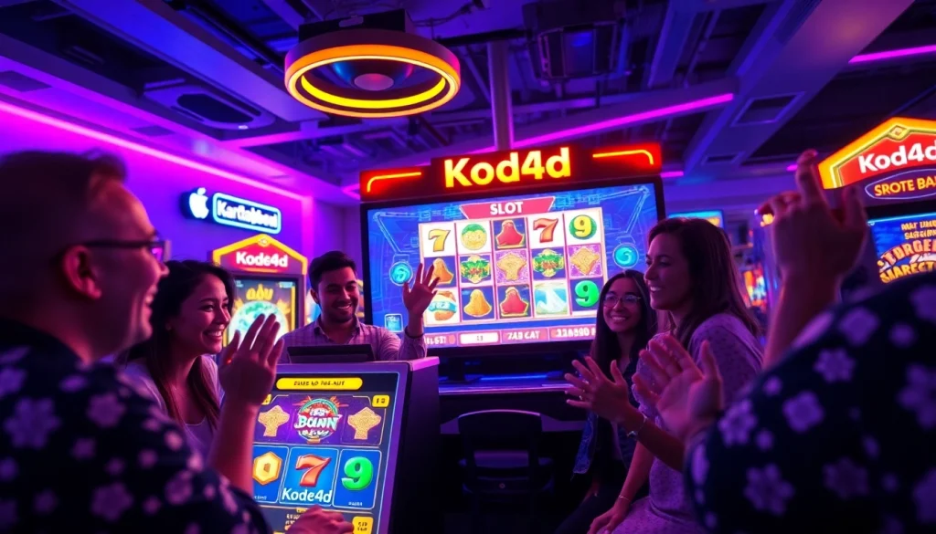 Engaging atmosphere of Kode4d slot gaming with diverse players and vibrant digital screens.