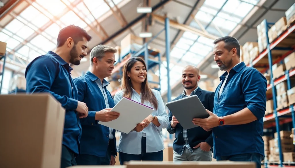 Streamlining logistics operations with a professional team in a vibrant warehouse setting.