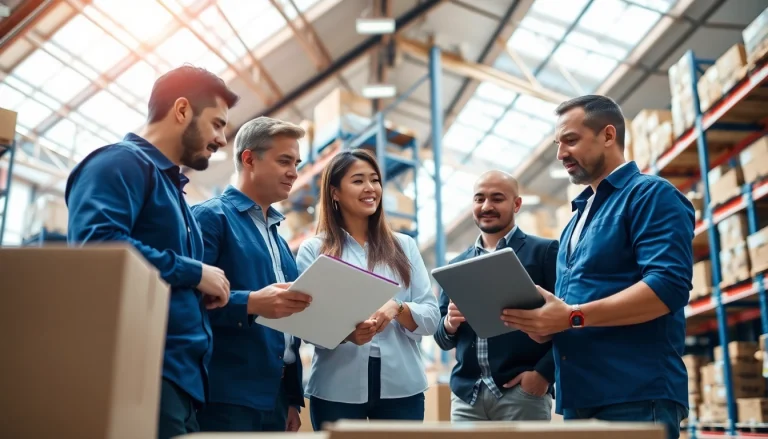 Streamlining logistics operations with a professional team in a vibrant warehouse setting.