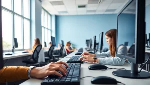 Engaged students learning at a typing center, focusing on touch typing techniques.