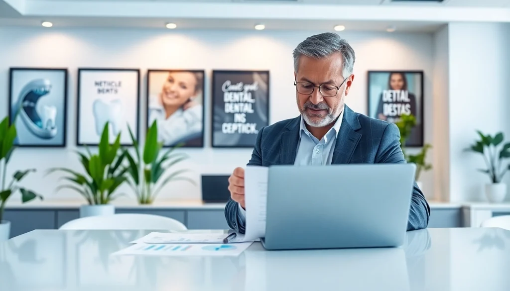 Dental business consultant analyzing performance metrics in a modern office.