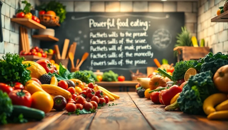Powerful food tips showcased with fresh vegetables and fruits in a warm kitchen setting.