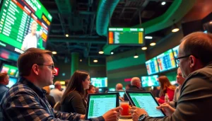 Engaging scene of online sports betting Alabama with enthusiastic bettors in a vibrant sports bar.