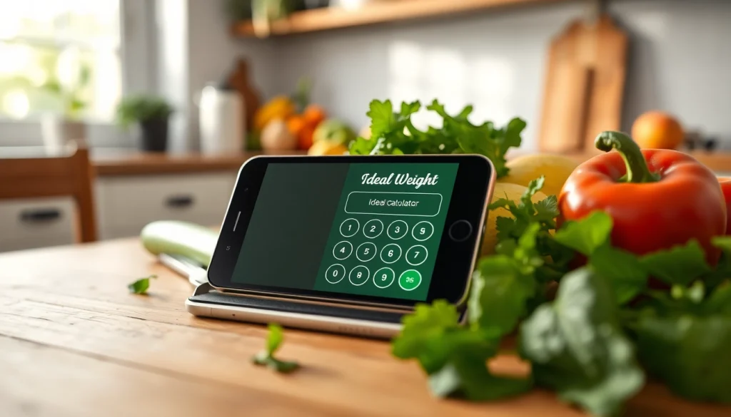Use the ideal weight calculator to determine healthy body weight displayed on a smartphone surrounded by fresh produce.