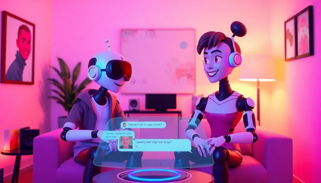 AI sexting conversation between two stylish characters in a digital chatroom, vibrant and intimate.