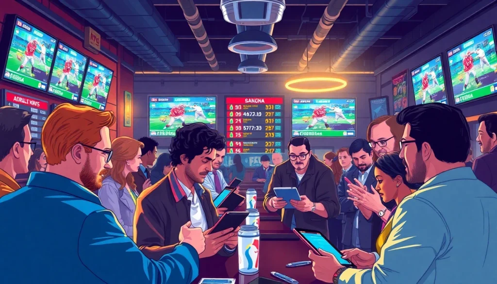 Engaging scene of online sports betting South Carolina with people analyzing games in a vibrant sports bar.