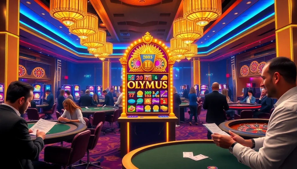 Engaging players spin the wheels on the Olympus slot in a vibrant casino atmosphere.