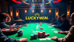 A thrilling LUCKYWIN poker game showcasing vibrant chips, cards, and a roulette wheel.