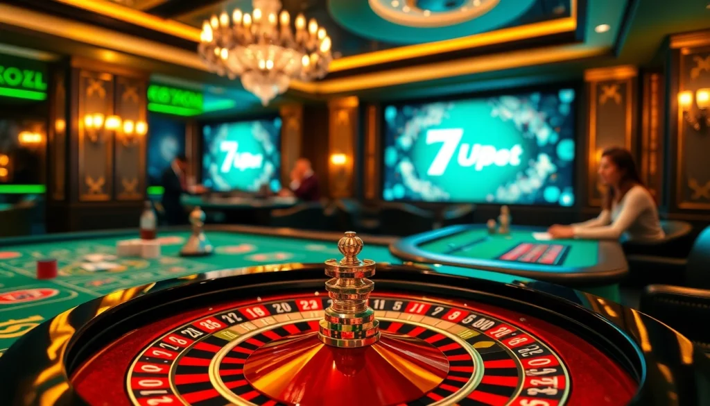 Experience excitement at the 7upbet casino with players engaging at a roulette table.