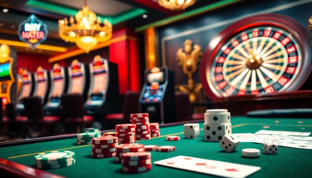 Exciting gambling scene showcasing Nhà cái QQ88 with poker chips, cards, and roulette wheel.