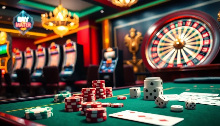Exciting gambling scene showcasing Nhà cái QQ88 with poker chips, cards, and roulette wheel.