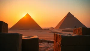Captivating sunset view of the pyramids, highlighting the historic piraminds against a colorful sky.
