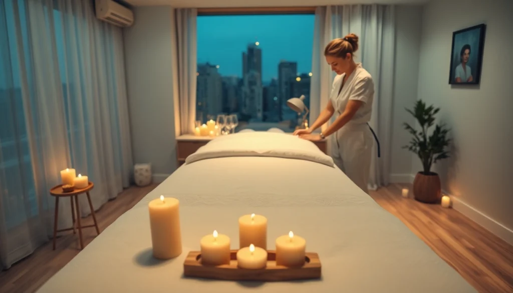 Luxury mobile 출장마사지 setup with a professional therapist preparing a serene environment.
