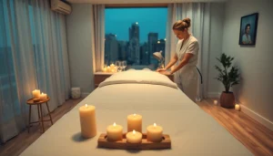 Luxury mobile 출장마사지 setup with a professional therapist preparing a serene environment.