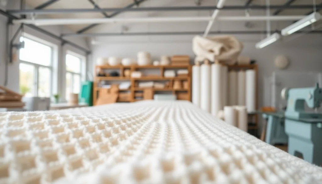 Detail van wafel katoenen stof in een textiel workshop, met unieke textuur en geweven details.