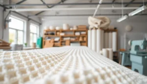 Detail van wafel katoenen stof in een textiel workshop, met unieke textuur en geweven details.