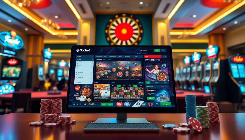Sbobet online betting interface showcasing vibrant casino elements for an exciting gambling experience.