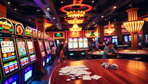 Experience the thrilling Mahjong slot demo surrounded by excited players, vibrant machines, and high stakes action in a bustling casino.