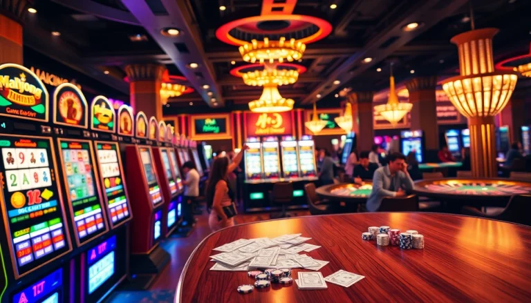 Experience the thrilling Mahjong slot demo surrounded by excited players, vibrant machines, and high stakes action in a bustling casino.