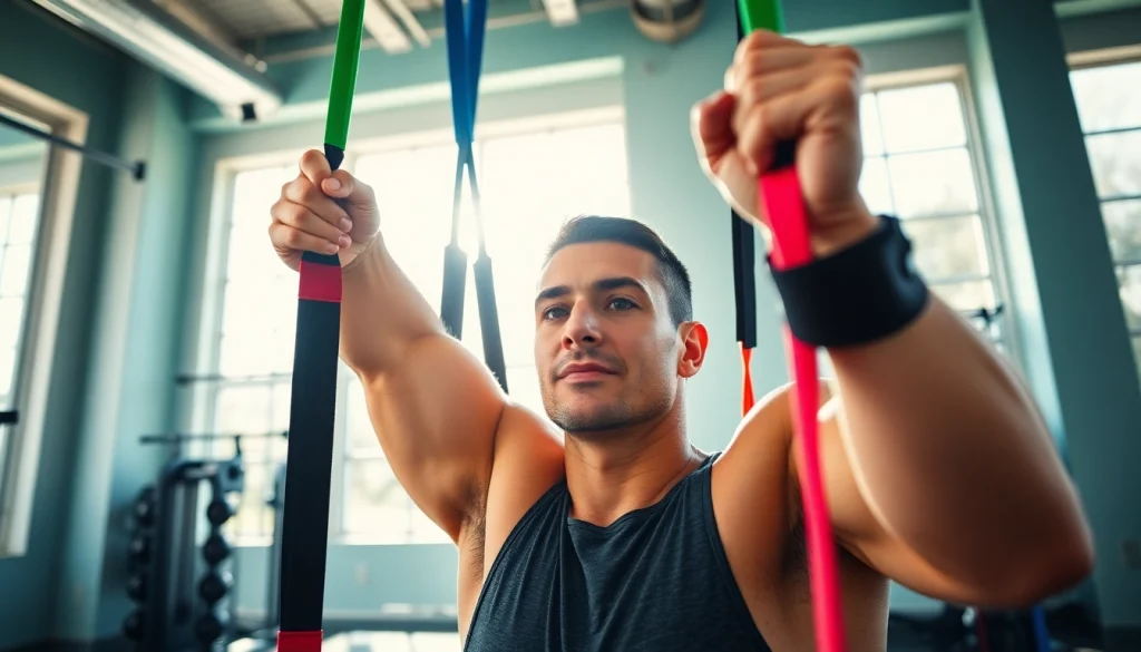 Fitness enthusiast using assisted pull-up bands for strength training in a bright gym.