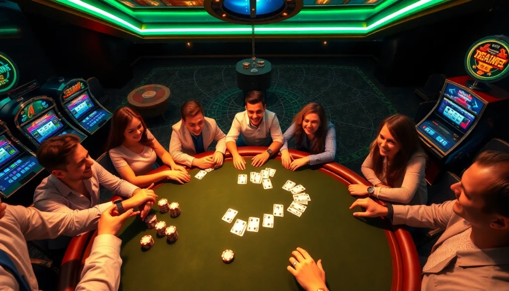 Players enjoying a thrilling moment at 32 WIN poker table, surrounded by vibrant casino elements.