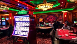 Engage in a mahjong slot demo surrounded by vibrant casino tables and professional players.