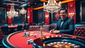 Experience the excitement at U888 com with a vibrant poker scene featuring colorful chips and a lively dealer.