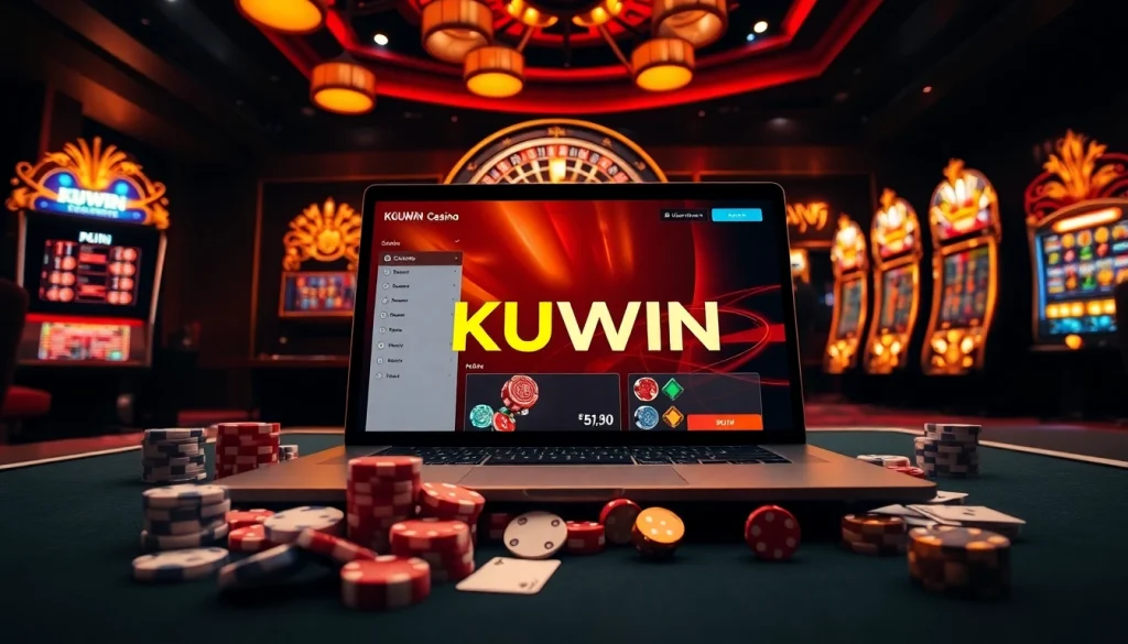 Experience thrilling gaming action with KUWIN casino interface and vibrant gambling elements.
