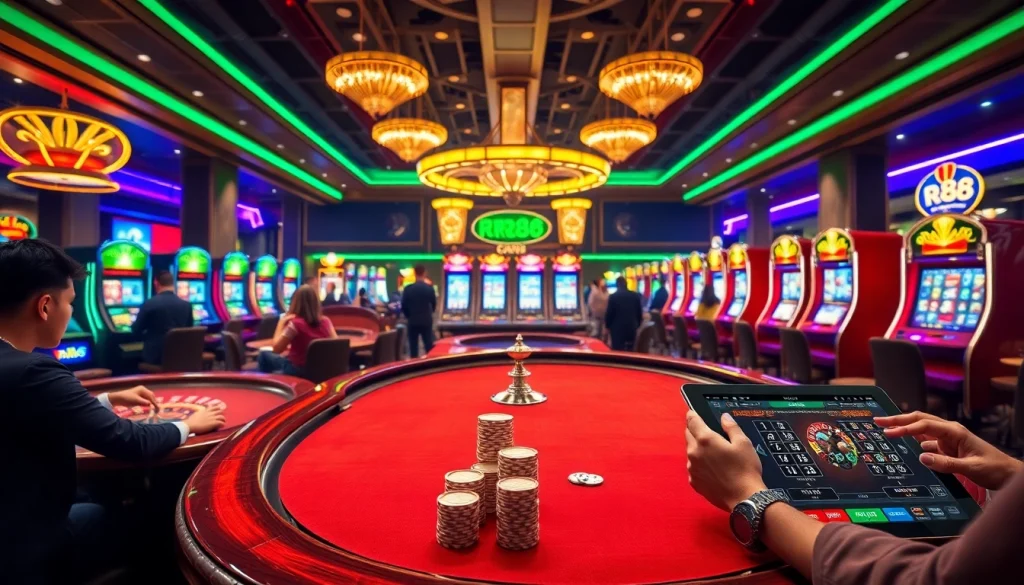 Experience the excitement of RR88 casino games with vibrant tables, slots, and poker chips in action.
