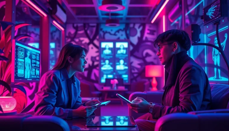 Engaging interaction with NSFW AI chatbots in a vibrant, futuristic setting.