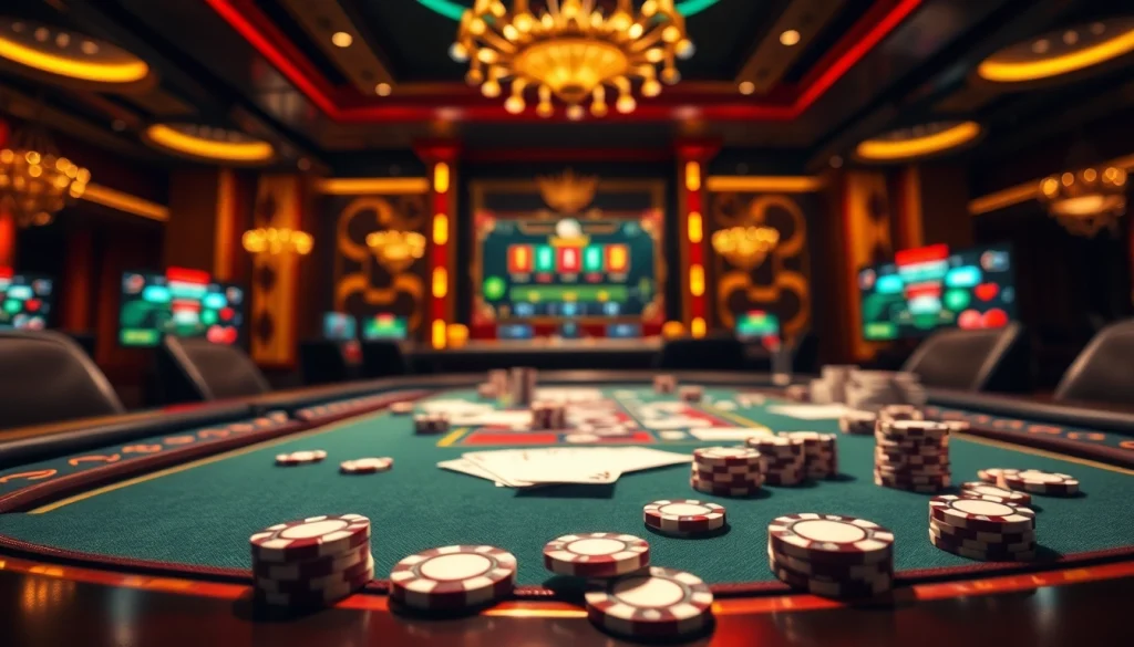 Engaging scene showcasing רמי אונליין in a luxurious casino environment with poker chips and cards.