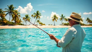 Angler engaged in Saltwater fly fishing, casting into turquoise waters against a tropical backdrop.