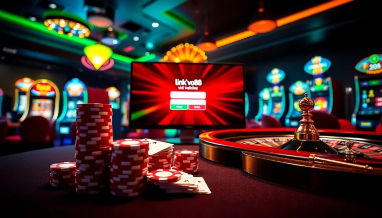 Playing cards and chips at a casino table near the link vào good88 online interface.