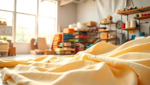 Katoenen canvasstof in diverse kleuren prachtig gepresenteerd in een lichte werkplaats.