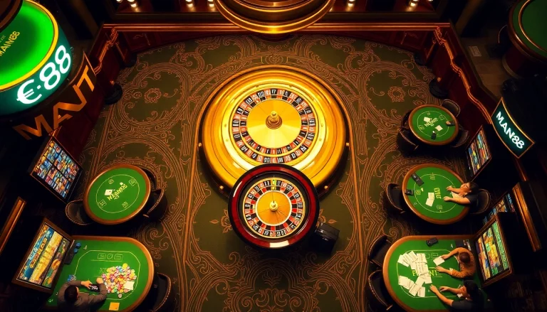 Engaged players at Man88 casino tables, surrounded by colorful chips and bright slot machines.
