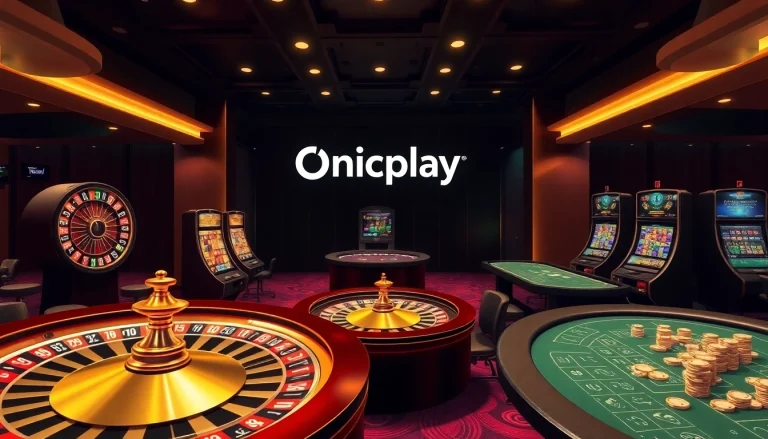 Engaging virtual casino scene highlighting Onicplay with slot machines, roulette, and poker tables.
