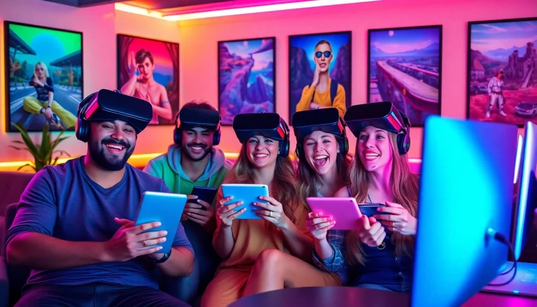 Gamers enjoying immersive experiences with porn games AI in a vibrant lounge.