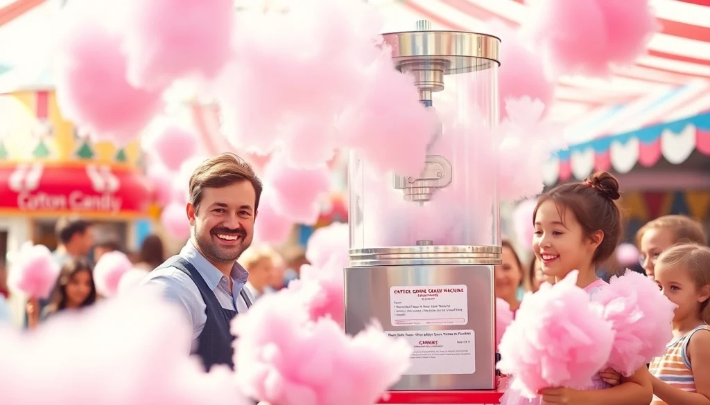 De absorberende werking van zoete suikershow met kleurrijke wolken van wattenkatoen.