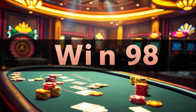 Experience the thrill of casino gaming with "Win 98" at a luxury poker table.