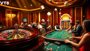 VT88 casino scene capturing players' excitement at the roulette table with vibrant colors.