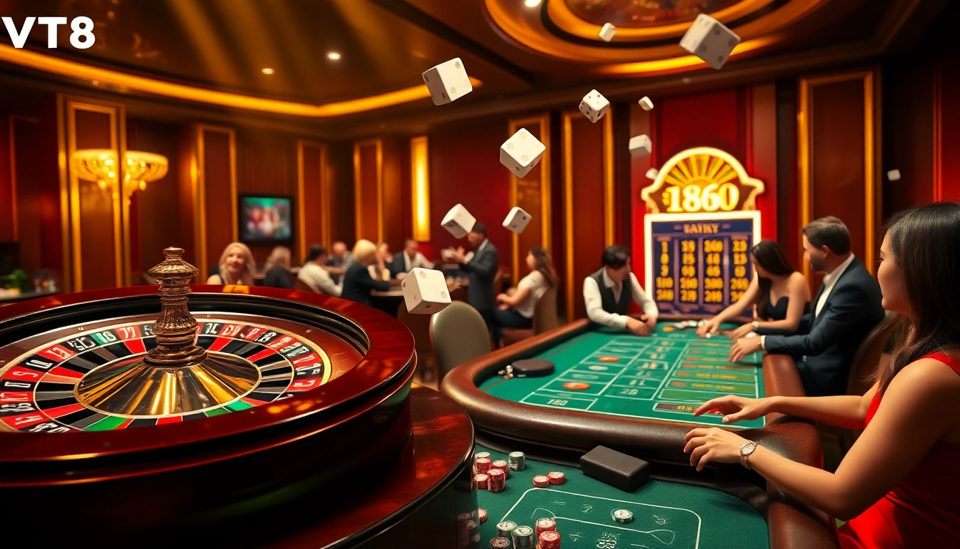 VT88 casino scene capturing players' excitement at the roulette table with vibrant colors.